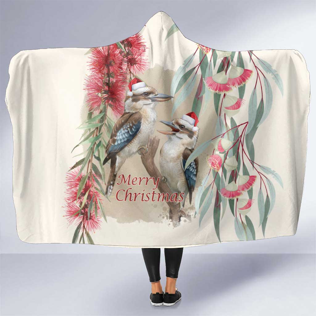 Australia Kookaburra Christmas Hooded Blanket Bottlebrush Eucalyptus Blossoms Watercolor - Aussie Hoodie