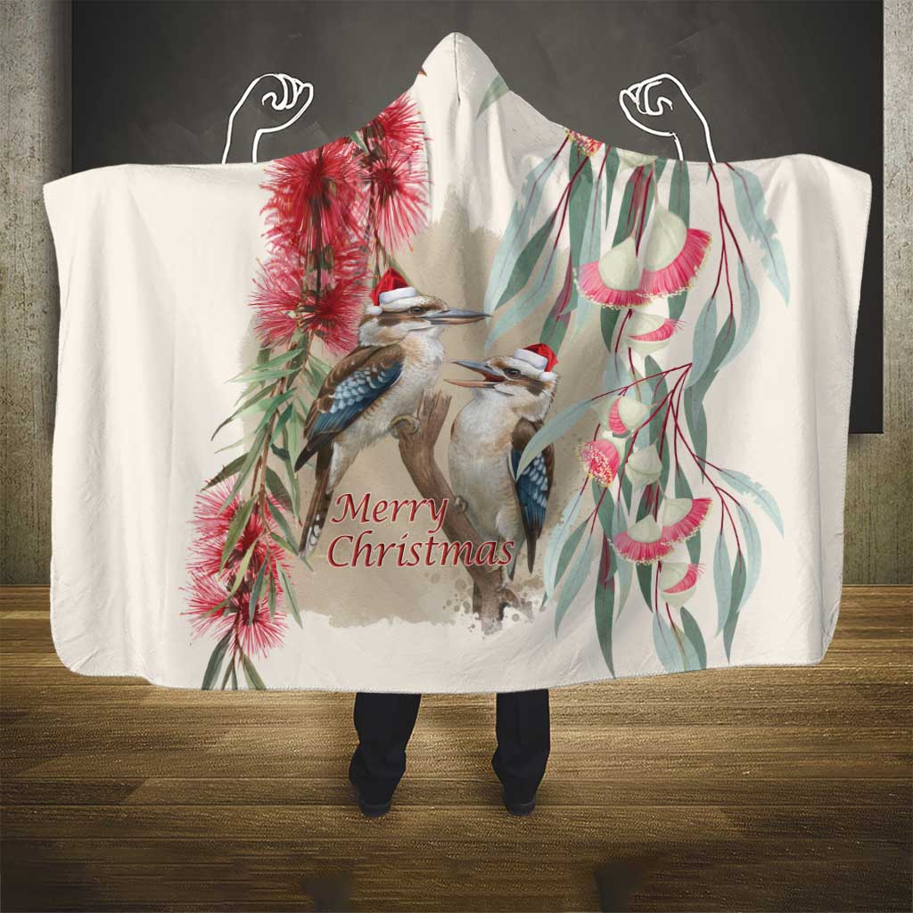 Australia Kookaburra Christmas Hooded Blanket Bottlebrush Eucalyptus Blossoms Watercolor - Aussie Hoodie