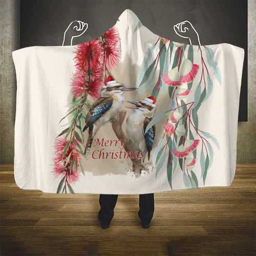 Australia Kookaburra Christmas Hooded Blanket Bottlebrush Eucalyptus Blossoms Watercolor - Aussie Hoodie