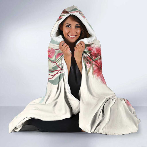 Australia Kookaburra Christmas Hooded Blanket Bottlebrush Eucalyptus Blossoms Watercolor - Aussie Hoodie