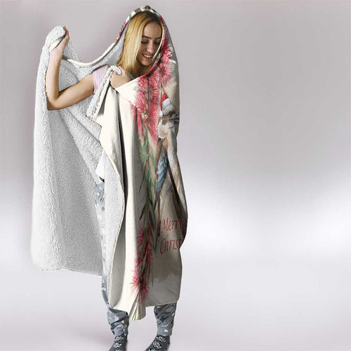 Australia Kookaburra Christmas Hooded Blanket Bottlebrush Eucalyptus Blossoms Watercolor - Aussie Hoodie