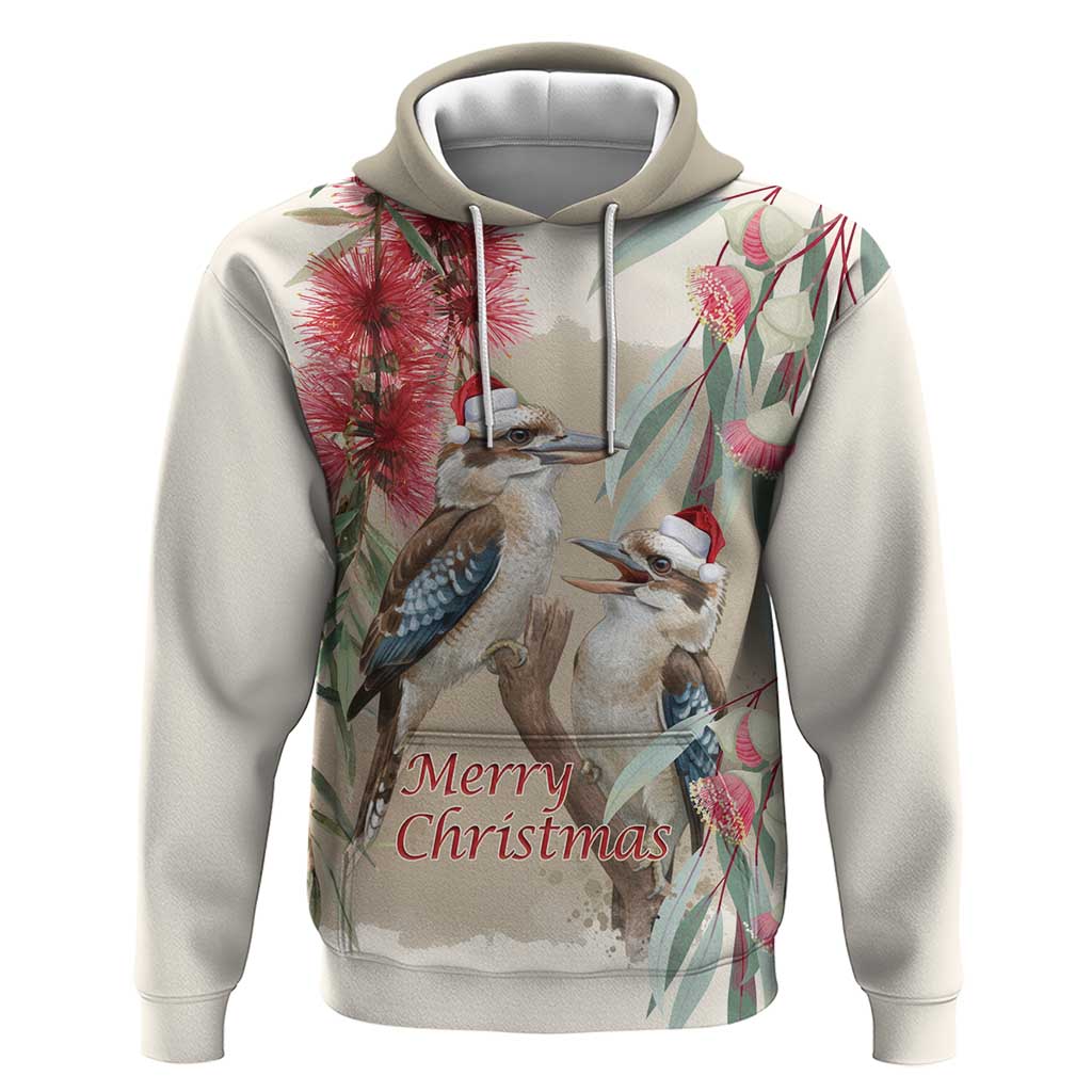 Australia Kookaburra Christmas Hoodie Bottlebrush Eucalyptus Blossoms Watercolor - Aussie Hoodie