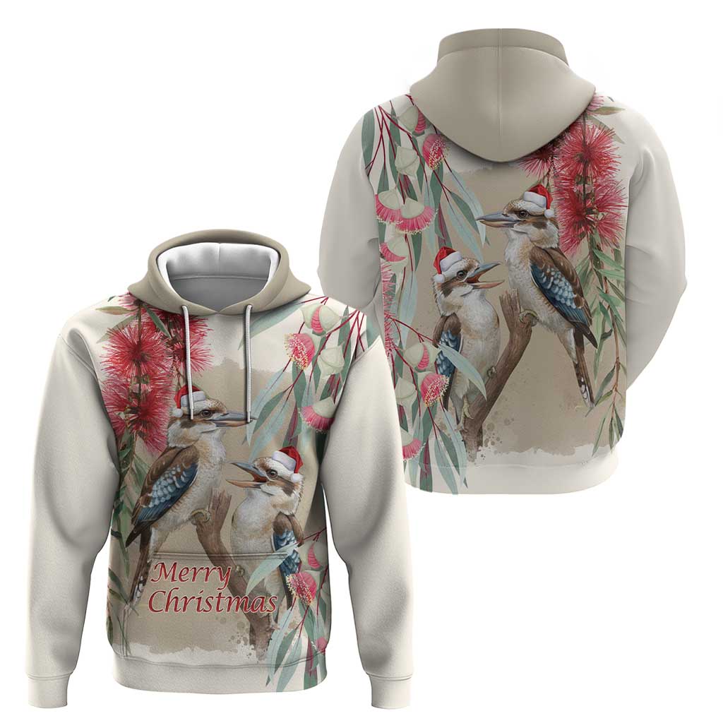 Australia Kookaburra Christmas Hoodie Bottlebrush Eucalyptus Blossoms Watercolor - Aussie Hoodie