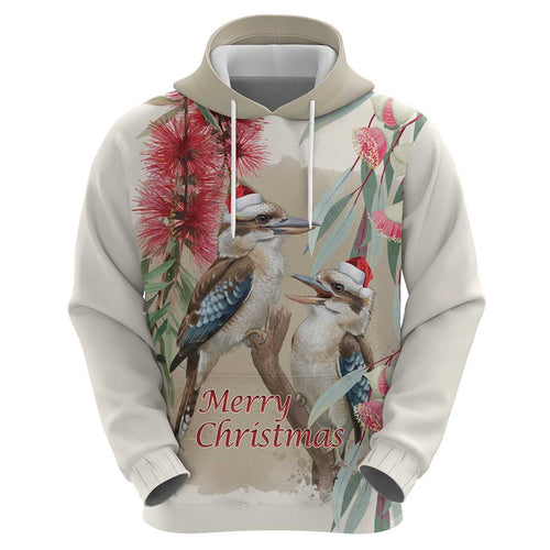 Australia Kookaburra Christmas Hoodie Bottlebrush Eucalyptus Blossoms Watercolor - Aussie Hoodie