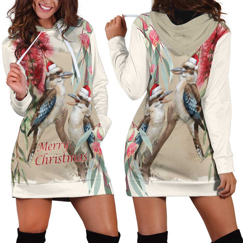 Australia Kookaburra Christmas Hoodie Dress Bottlebrush Eucalyptus Blossoms Watercolor - Aussie Hoodie