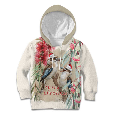 Australia Kookaburra Christmas Kid Hoodie Bottlebrush Eucalyptus Blossoms Watercolor - Aussie Hoodie