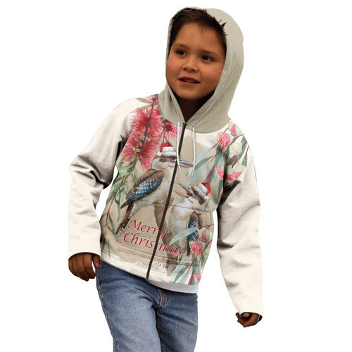 Australia Kookaburra Christmas Kid Hoodie Bottlebrush Eucalyptus Blossoms Watercolor - Aussie Hoodie