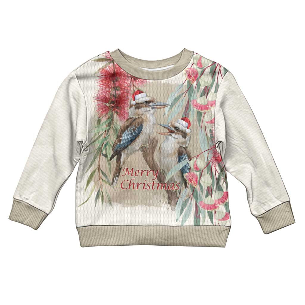 Australia Kookaburra Christmas Kid Ugly Christmas Sweater Bottlebrush Eucalyptus Blossoms Watercolor - Aussie Hoodie