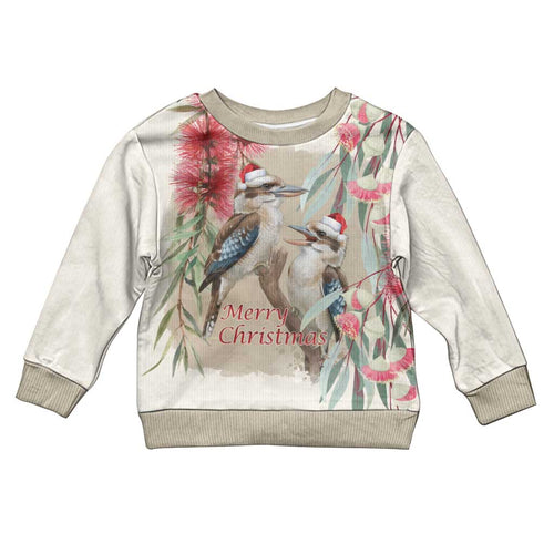 Australia Kookaburra Christmas Kid Ugly Christmas Sweater Bottlebrush Eucalyptus Blossoms Watercolor - Aussie Hoodie