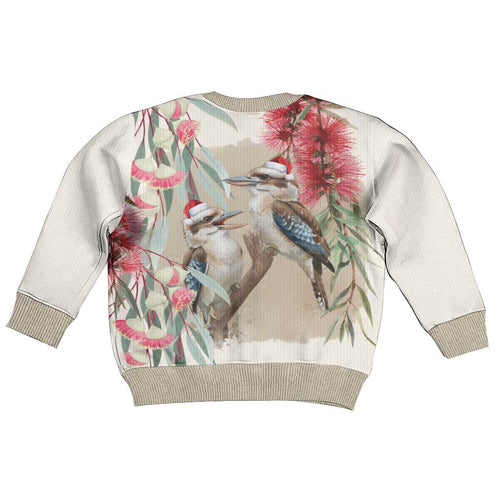Australia Kookaburra Christmas Kid Ugly Christmas Sweater Bottlebrush Eucalyptus Blossoms Watercolor - Aussie Hoodie