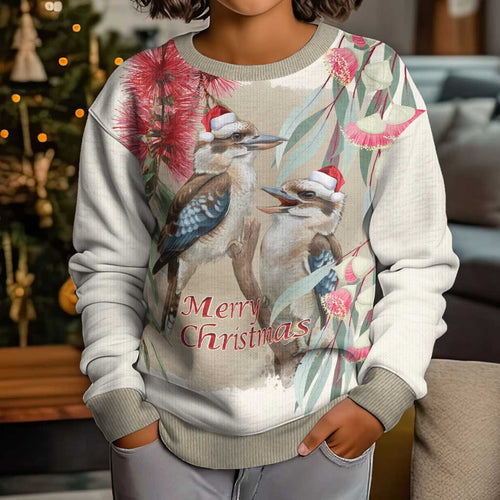 Australia Kookaburra Christmas Kid Ugly Christmas Sweater Bottlebrush Eucalyptus Blossoms Watercolor - Aussie Hoodie