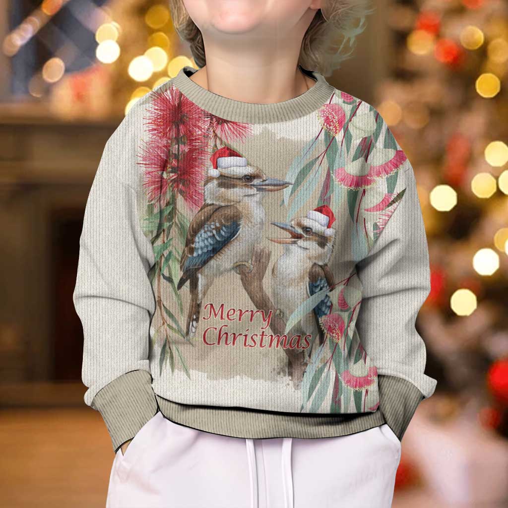 Australia Kookaburra Christmas Kid Ugly Christmas Sweater Bottlebrush Eucalyptus Blossoms Watercolor - Aussie Hoodie