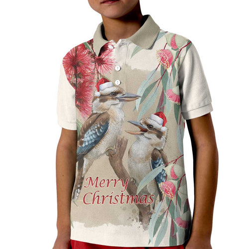 Australia Kookaburra Christmas Kid Polo Shirt Bottlebrush Eucalyptus Blossoms Watercolor - Aussie Hoodie
