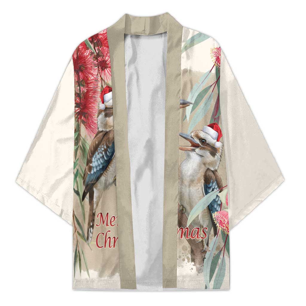 Australia Kookaburra Christmas Kimono Bottlebrush Eucalyptus Blossoms Watercolor - Aussie Hoodie