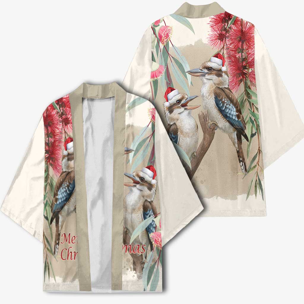 Australia Kookaburra Christmas Kimono Bottlebrush Eucalyptus Blossoms Watercolor - Aussie Hoodie