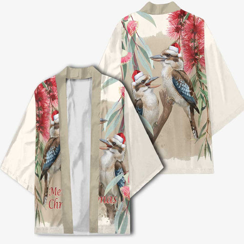 Australia Kookaburra Christmas Kimono Bottlebrush Eucalyptus Blossoms Watercolor - Aussie Hoodie
