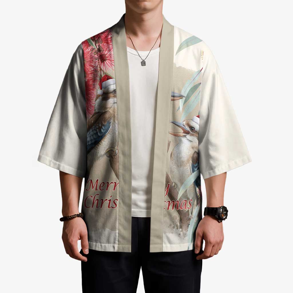 Australia Kookaburra Christmas Kimono Bottlebrush Eucalyptus Blossoms Watercolor - Aussie Hoodie
