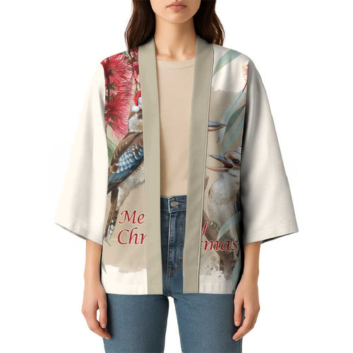Australia Kookaburra Christmas Kimono Bottlebrush Eucalyptus Blossoms Watercolor - Aussie Hoodie