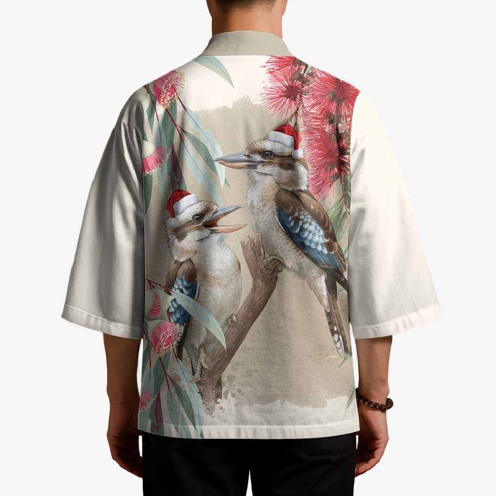 Australia Kookaburra Christmas Kimono Bottlebrush Eucalyptus Blossoms Watercolor - Aussie Hoodie