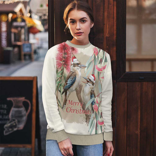 Australia Kookaburra Christmas Ugly Christmas Sweater Bottlebrush Eucalyptus Blossoms Watercolor - Aussie Hoodie