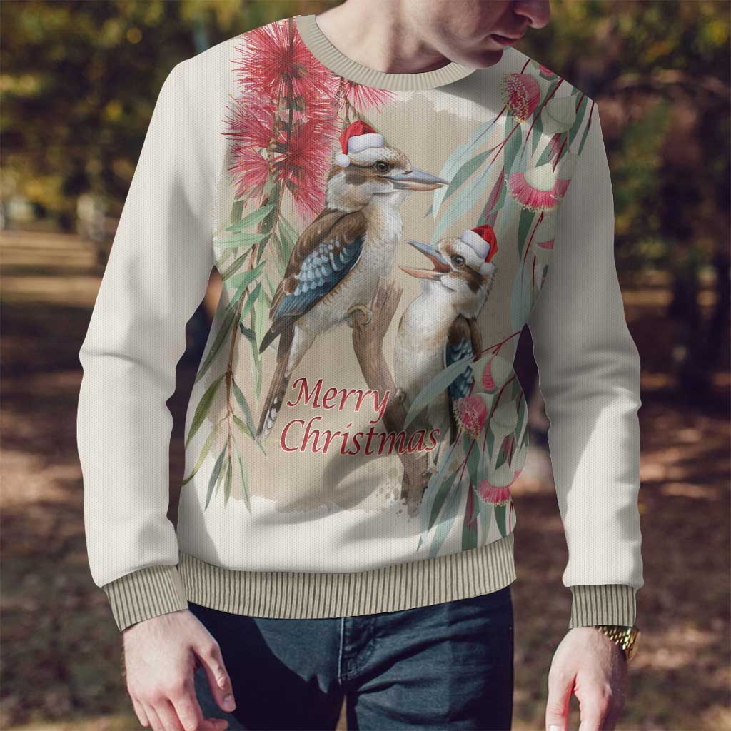 Australia Kookaburra Christmas Ugly Christmas Sweater Bottlebrush Eucalyptus Blossoms Watercolor - Aussie Hoodie