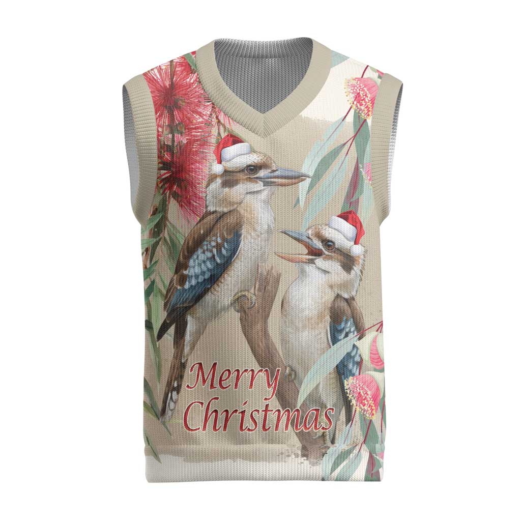 Australia Kookaburra Christmas Knitted V-Neck Vest Bottlebrush Eucalyptus Blossoms Watercolor - Aussie Hoodie
