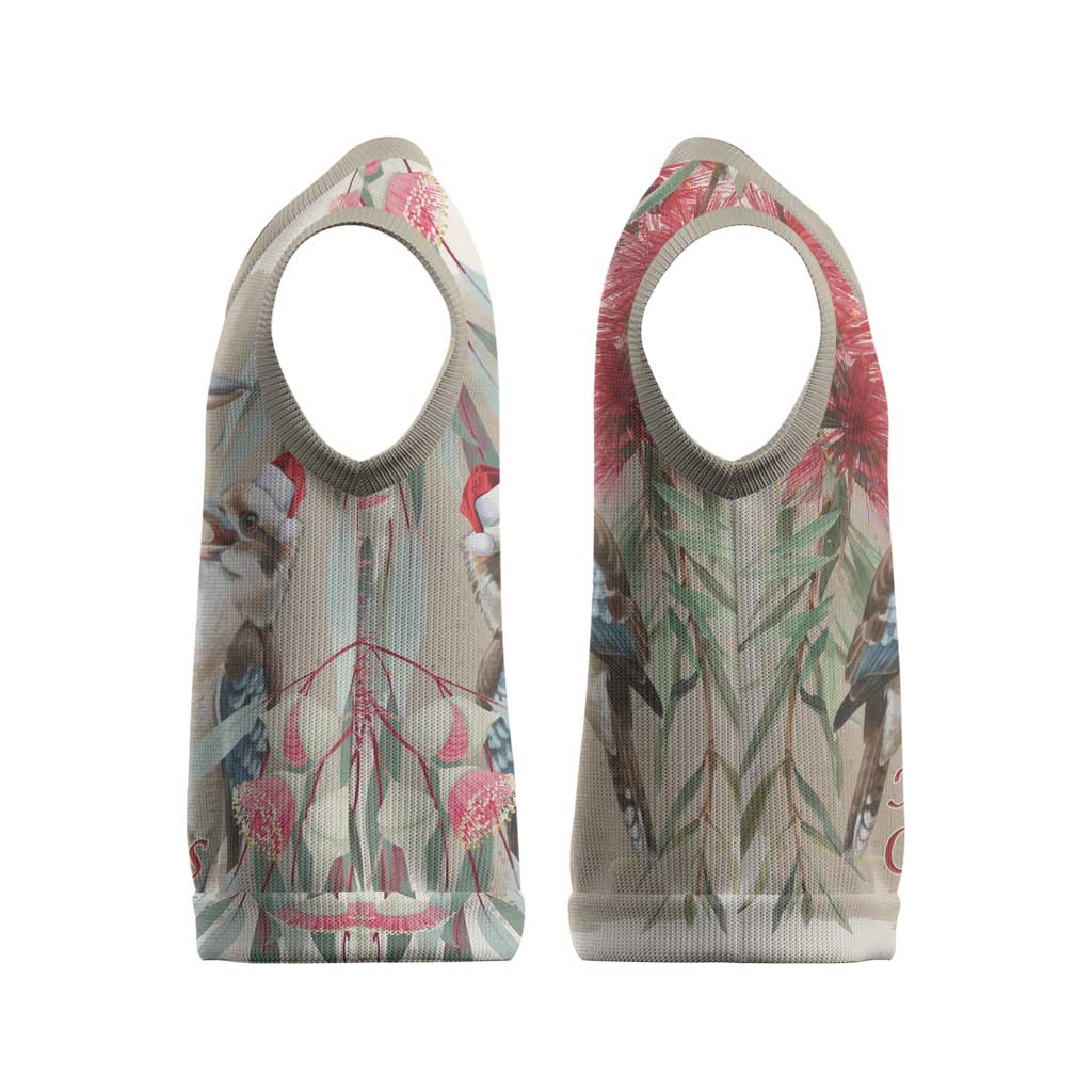 Australia Kookaburra Christmas Knitted V-Neck Vest Bottlebrush Eucalyptus Blossoms Watercolor - Aussie Hoodie