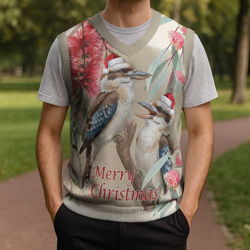 Australia Kookaburra Christmas Knitted V-Neck Vest Bottlebrush Eucalyptus Blossoms Watercolor - Aussie Hoodie
