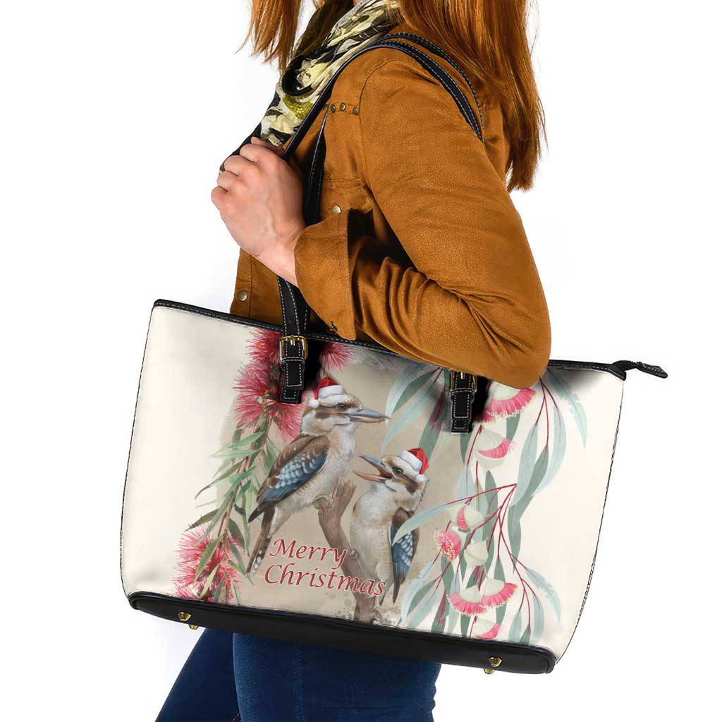 Australia Kookaburra Christmas Leather Tote Bag Bottlebrush Eucalyptus Blossoms Watercolor - Aussie Hoodie