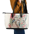 Australia Kookaburra Christmas Leather Tote Bag Bottlebrush Eucalyptus Blossoms Watercolor - Aussie Hoodie