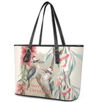 Australia Kookaburra Christmas Leather Tote Bag Bottlebrush Eucalyptus Blossoms Watercolor - Aussie Hoodie