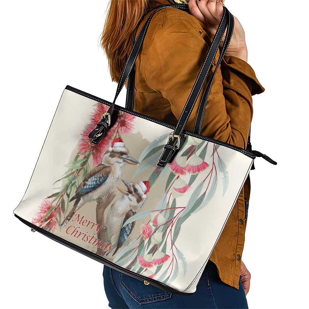 Australia Kookaburra Christmas Leather Tote Bag Bottlebrush Eucalyptus Blossoms Watercolor - Aussie Hoodie
