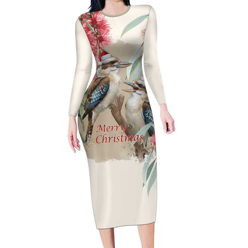 Australia Kookaburra Christmas Long Sleeve Bodycon Dress Bottlebrush Eucalyptus Blossoms Watercolor - Aussie Hoodie