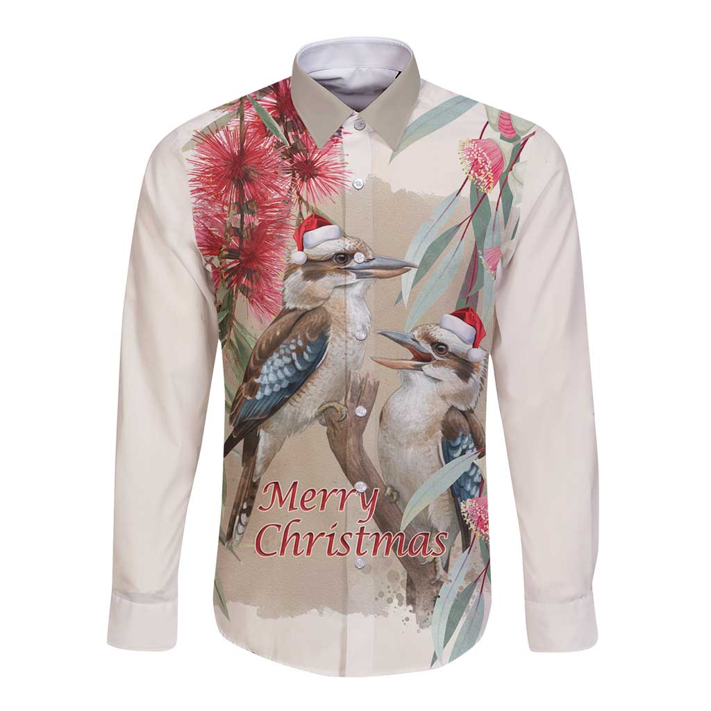 Australia Kookaburra Christmas Long Sleeve Button Shirt Bottlebrush Eucalyptus Blossoms Watercolor - Aussie Hoodie