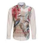 Australia Kookaburra Christmas Long Sleeve Button Shirt Bottlebrush Eucalyptus Blossoms Watercolor - Aussie Hoodie