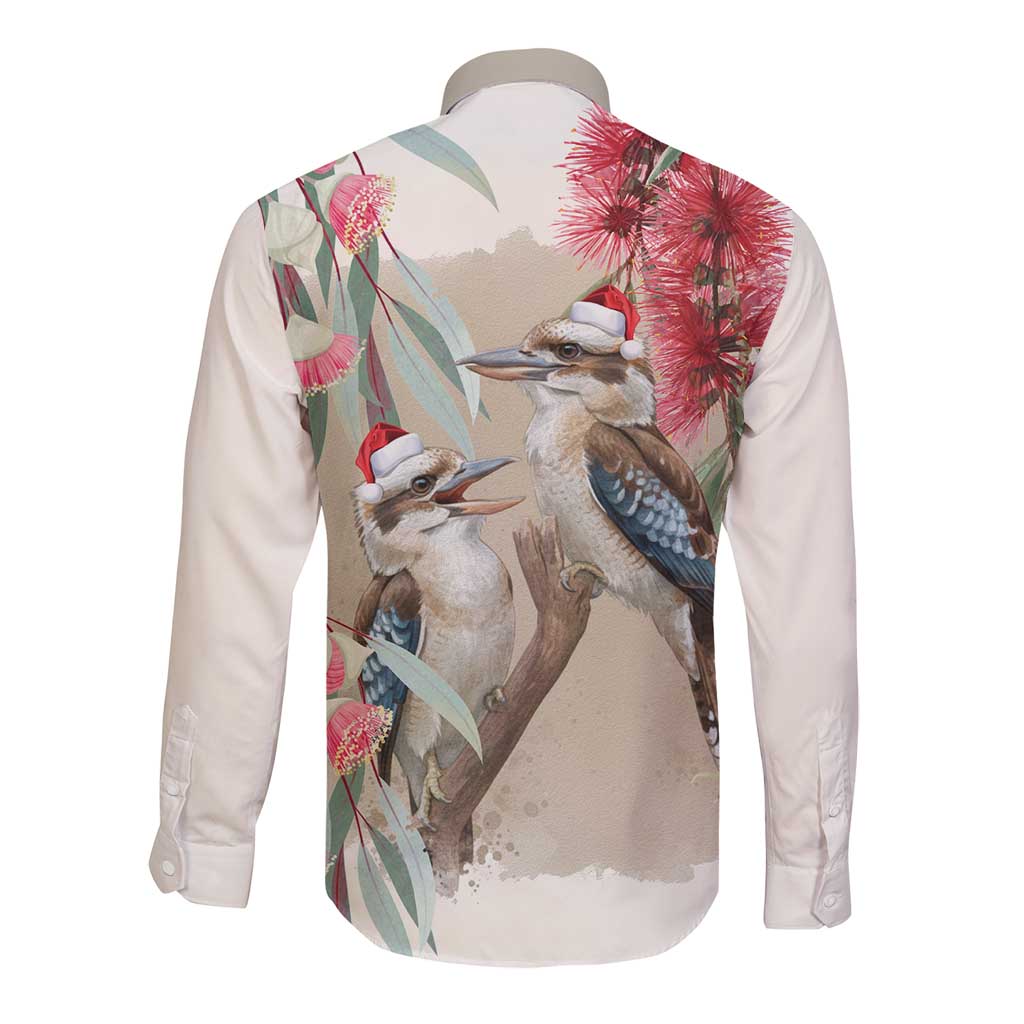 Australia Kookaburra Christmas Long Sleeve Button Shirt Bottlebrush Eucalyptus Blossoms Watercolor - Aussie Hoodie