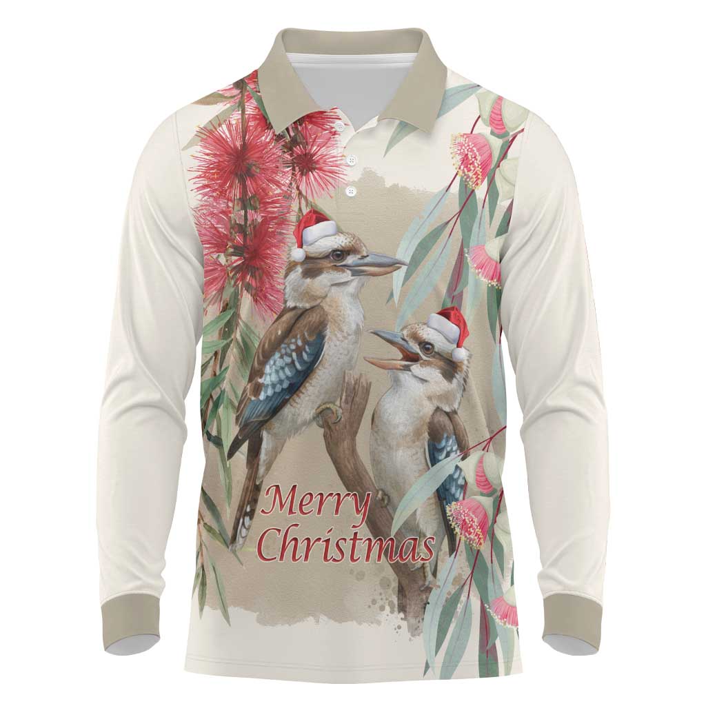 Australia Kookaburra Christmas Long Sleeve Polo Shirt Bottlebrush Eucalyptus Blossoms Watercolor - Aussie Hoodie