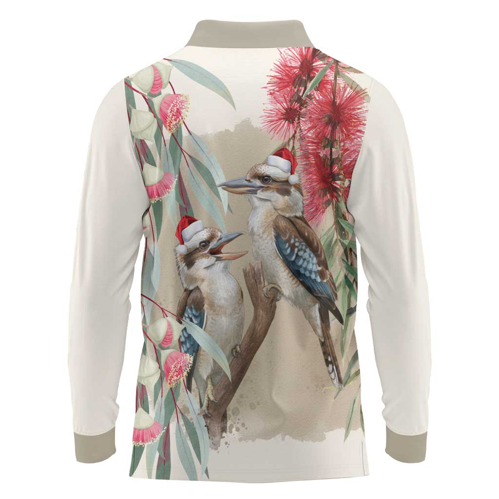 Australia Kookaburra Christmas Long Sleeve Polo Shirt Bottlebrush Eucalyptus Blossoms Watercolor - Aussie Hoodie