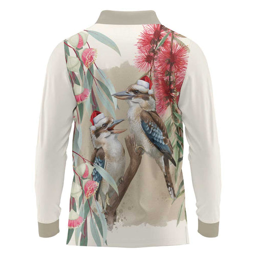 Australia Kookaburra Christmas Long Sleeve Polo Shirt Bottlebrush Eucalyptus Blossoms Watercolor - Aussie Hoodie