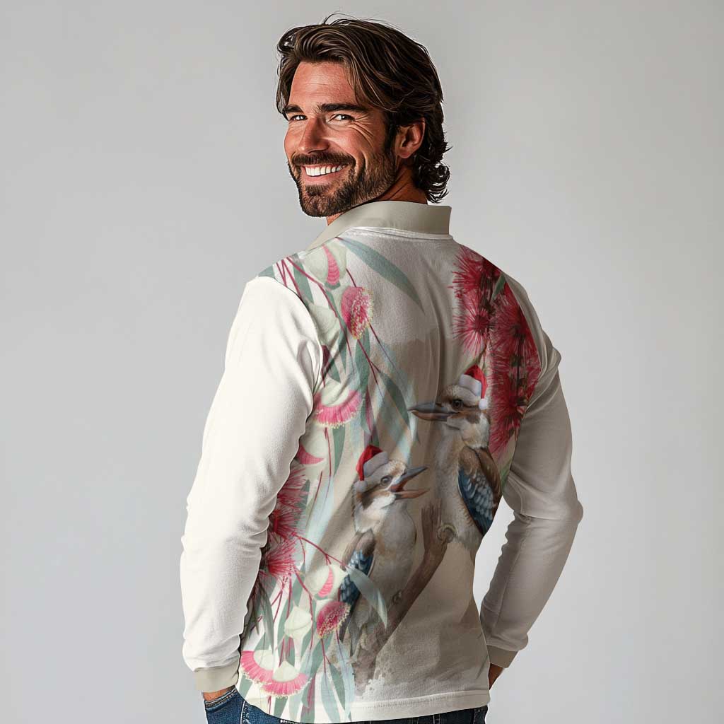 Australia Kookaburra Christmas Long Sleeve Polo Shirt Bottlebrush Eucalyptus Blossoms Watercolor - Aussie Hoodie