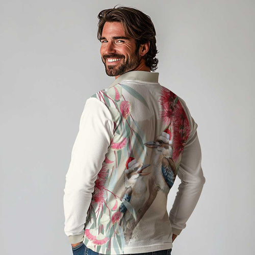 Australia Kookaburra Christmas Long Sleeve Polo Shirt Bottlebrush Eucalyptus Blossoms Watercolor - Aussie Hoodie
