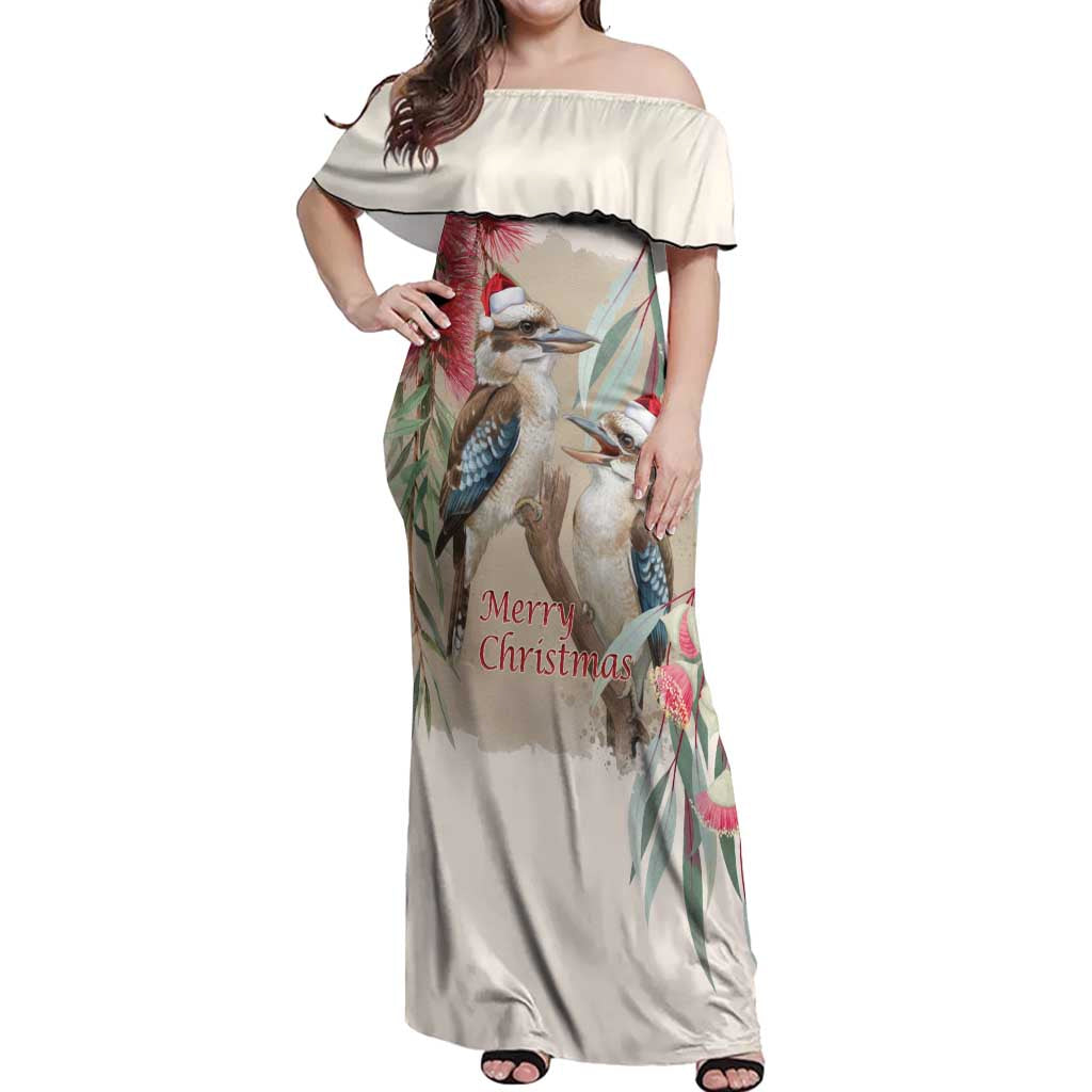 Australia Kookaburra Christmas Off Shoulder Maxi Dress Bottlebrush Eucalyptus Blossoms Watercolor - Aussie Hoodie