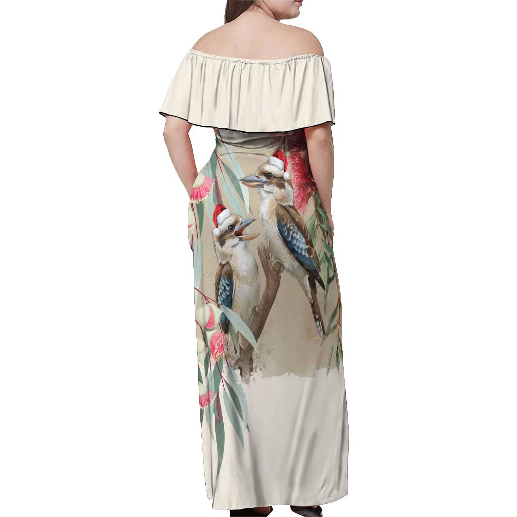 Australia Kookaburra Christmas Off Shoulder Maxi Dress Bottlebrush Eucalyptus Blossoms Watercolor - Aussie Hoodie