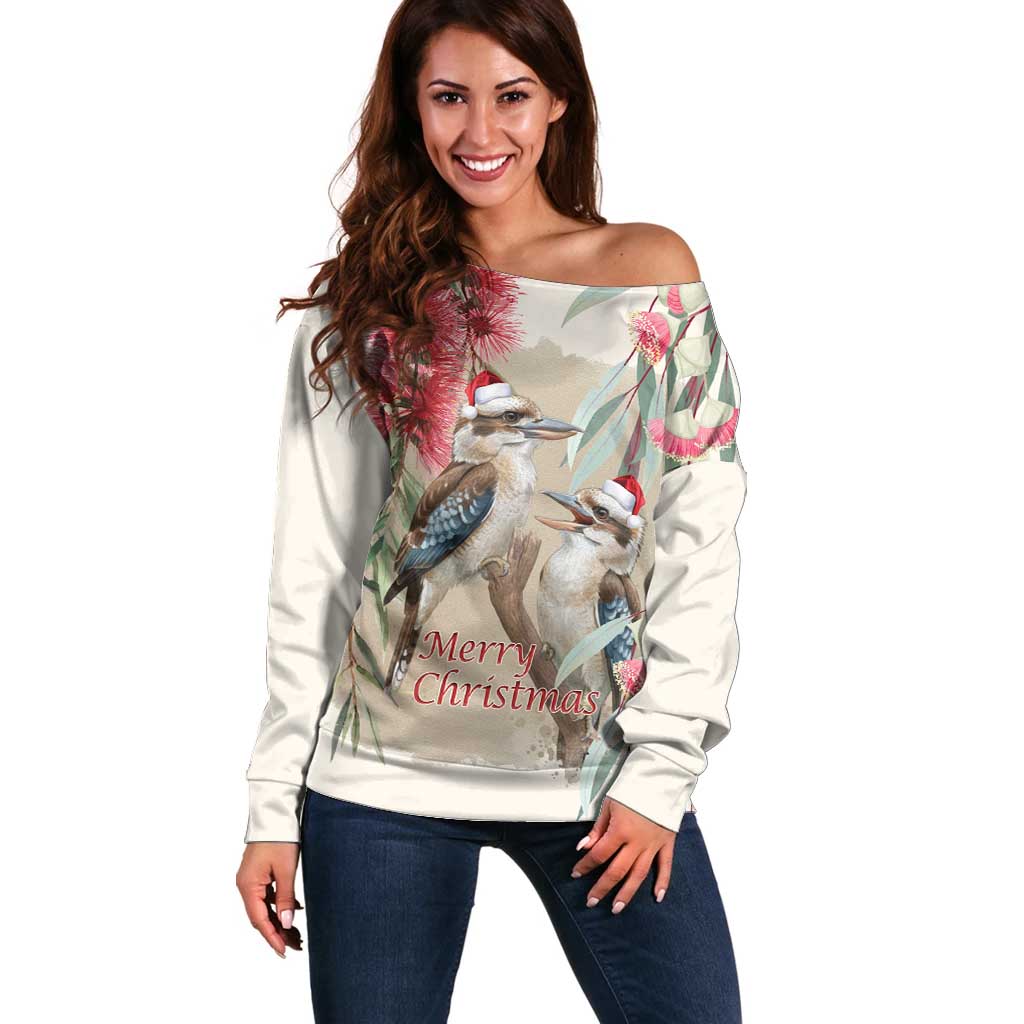 Australia Kookaburra Christmas Off Shoulder Sweater Bottlebrush Eucalyptus Blossoms Watercolor - Aussie Hoodie