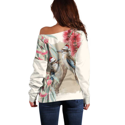 Australia Kookaburra Christmas Off Shoulder Sweater Bottlebrush Eucalyptus Blossoms Watercolor - Aussie Hoodie