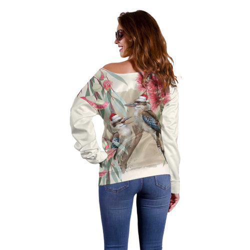 Australia Kookaburra Christmas Off Shoulder Sweater Bottlebrush Eucalyptus Blossoms Watercolor - Aussie Hoodie