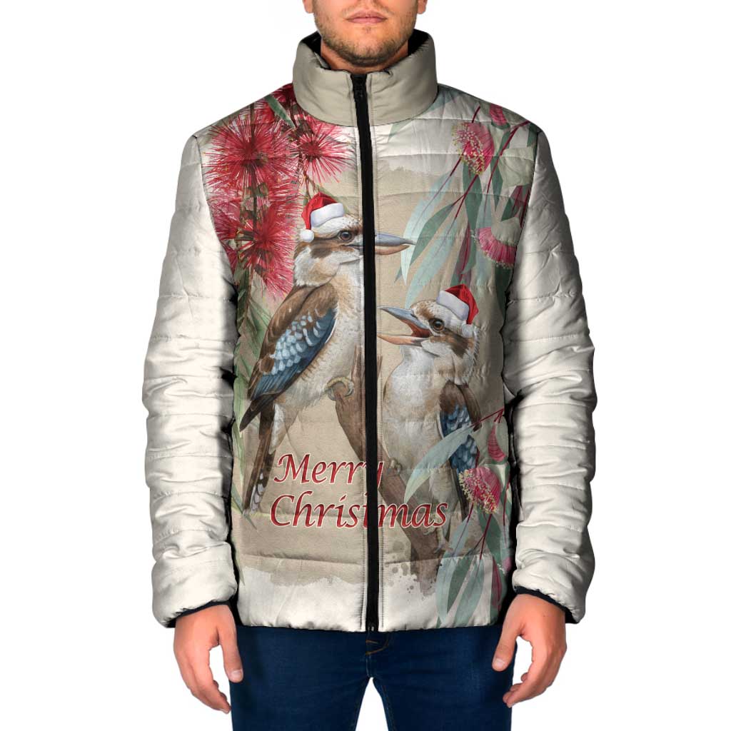 Australia Kookaburra Christmas Padded Jacket Bottlebrush Eucalyptus Blossoms Watercolor - Aussie Hoodie