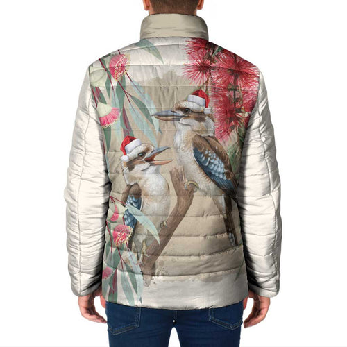 Australia Kookaburra Christmas Padded Jacket Bottlebrush Eucalyptus Blossoms Watercolor - Aussie Hoodie