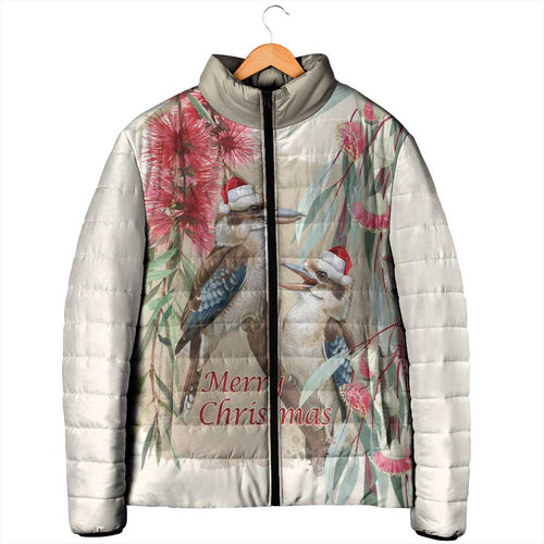 Australia Kookaburra Christmas Padded Jacket Bottlebrush Eucalyptus Blossoms Watercolor - Aussie Hoodie