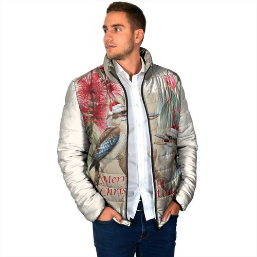 Australia Kookaburra Christmas Padded Jacket Bottlebrush Eucalyptus Blossoms Watercolor - Aussie Hoodie